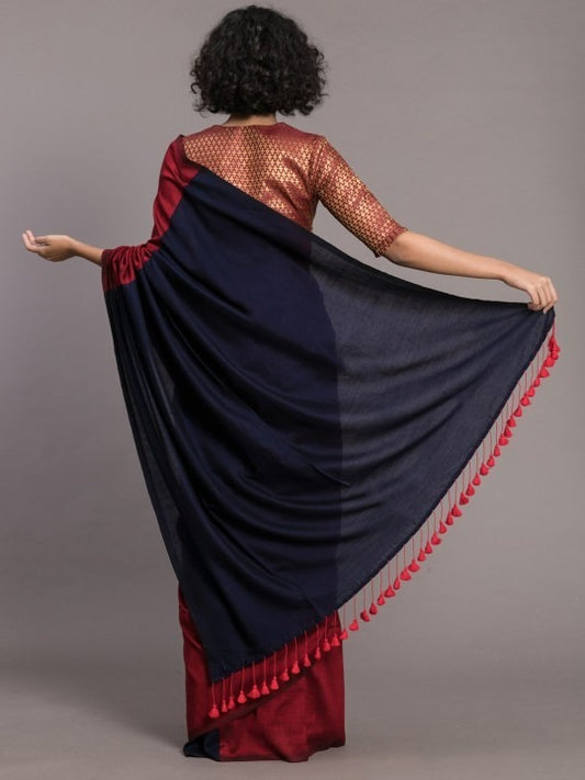Maroon Color Plain Khadi Cotton Saree With Fancy Tassel Work