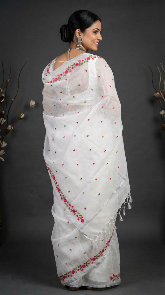 White Kota Doriya Saree With Silver Zari Border Embellished With Floral Embroidery Work