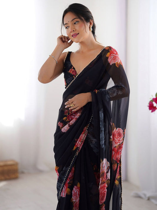 Black Georgette Saree With Printed Work And Moti Border