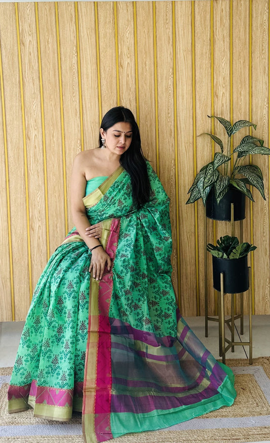 Sea Green Soft Cotton Saree With Jacquard Border