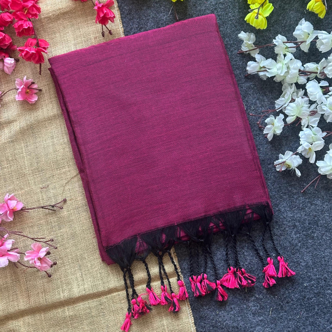 Magenta Plain Khadi Cotton Saree With Fancy Tassel Work