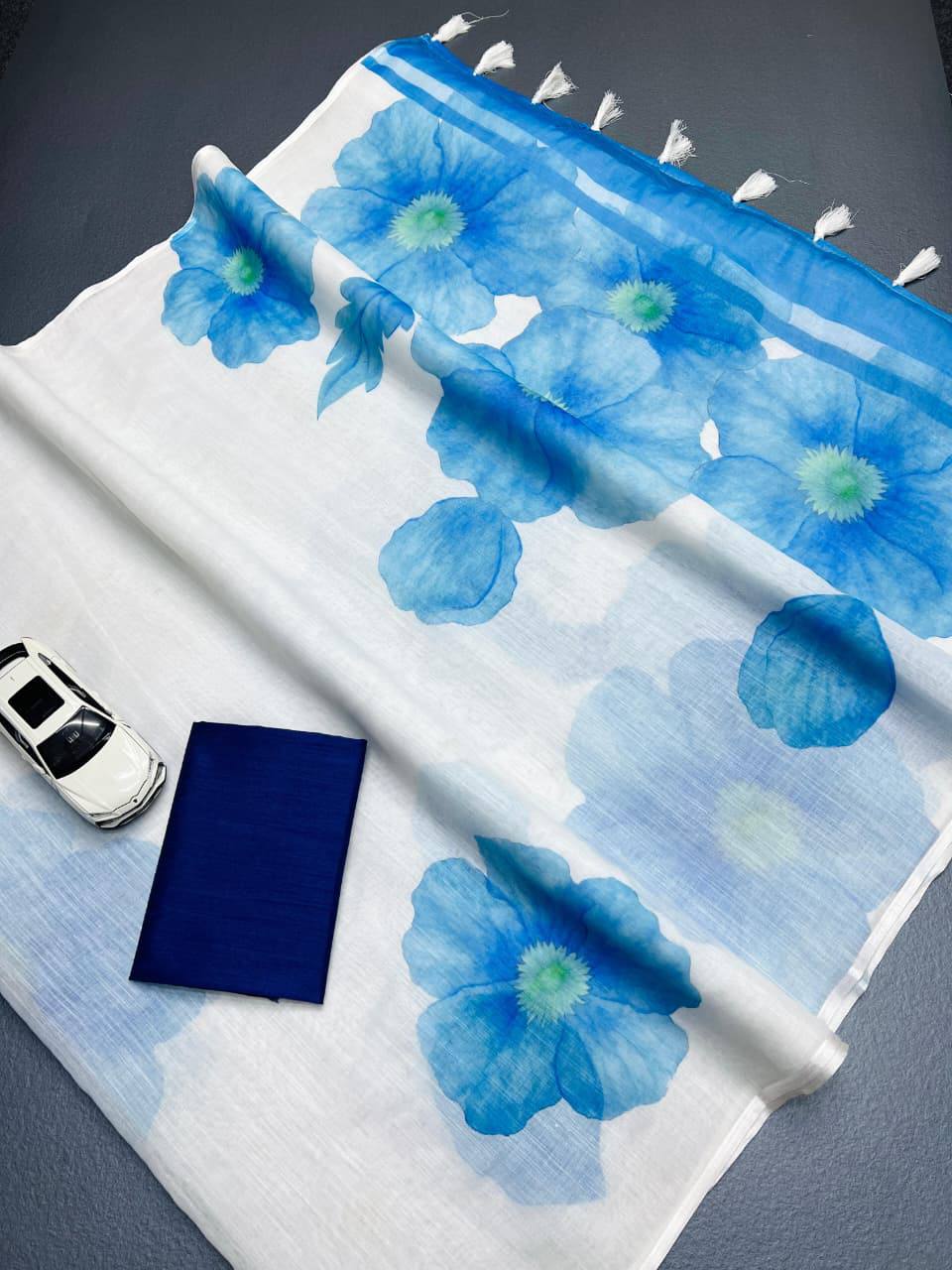 Sky Blue Color Plain Mix Linen Cotton Saree With Digital Printed Work