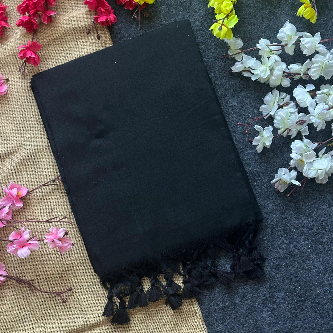 Black Plain Khadi Cotton Saree With Fancy Tassel Work
