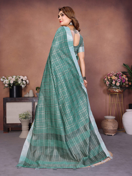 Rama Green Linen Cotton Saree With Silver Zari Border