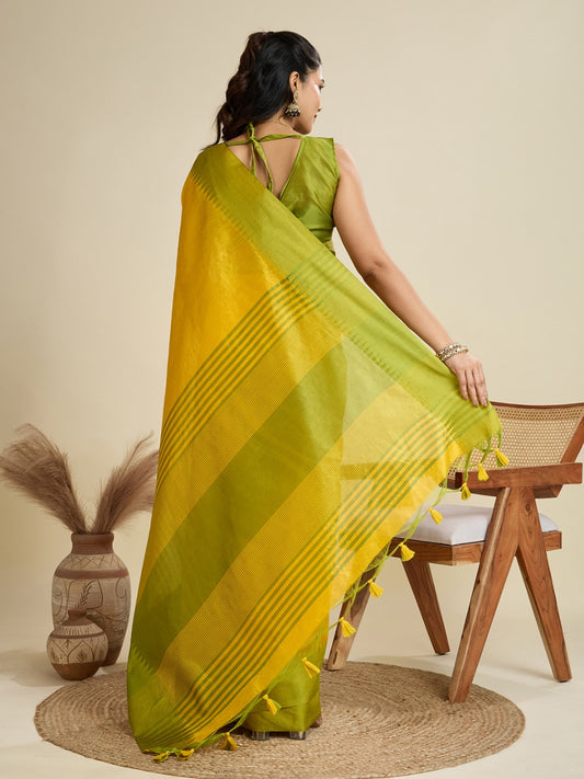 Yellow Color Khadi Raw Silk Saree With Zari Lining Pallu With Tample Border