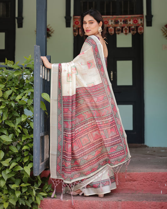 Multi Summer Special Digital Printed Linen Cotton Saree
