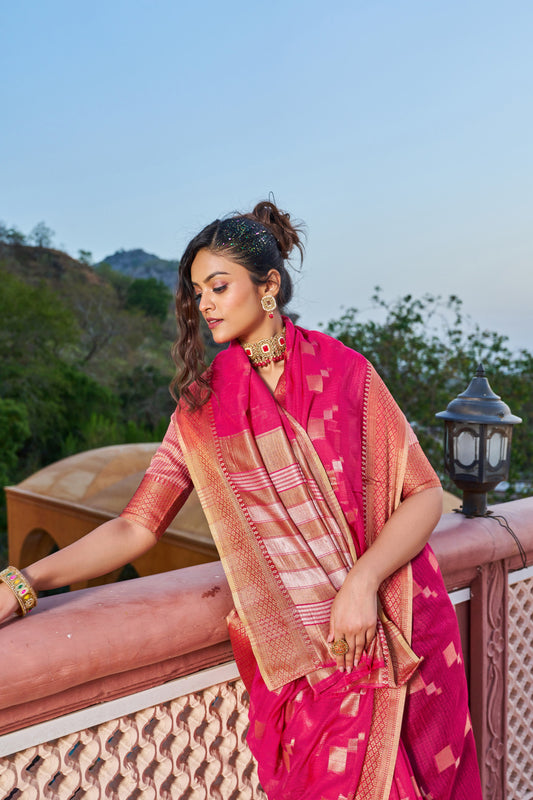Rani Pink Kota Doriya Saree With Zari Weaving Work | Party & Festive Wear – JaipurSaaj