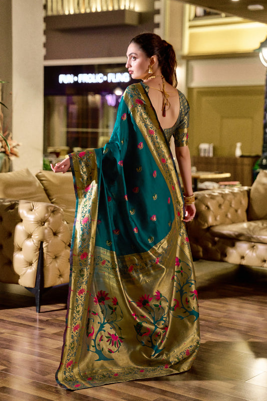 Traditional Morpich Paithani Silk Saree With Zari Weaving Work