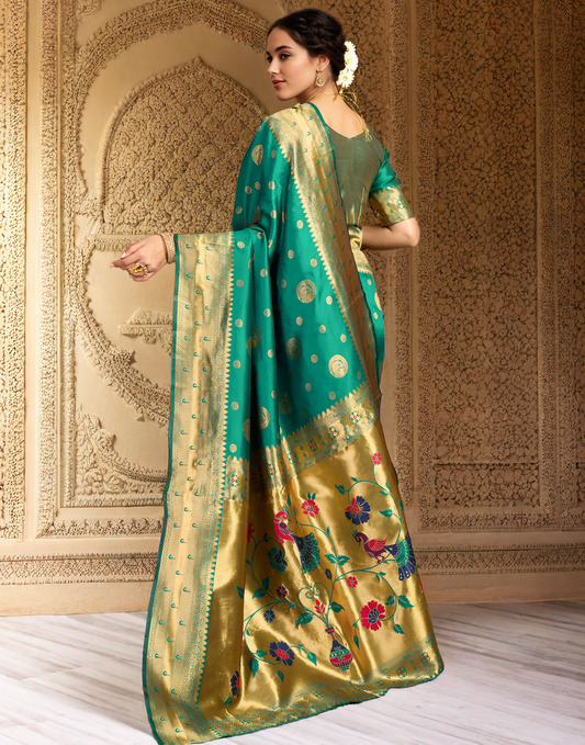 Rama Green Paithani Silk Saree With Zari Weaving Work