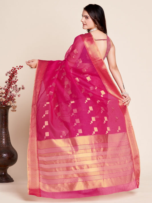 Rani Pink Color Kota Doriya Saree With Zari Weaving Work