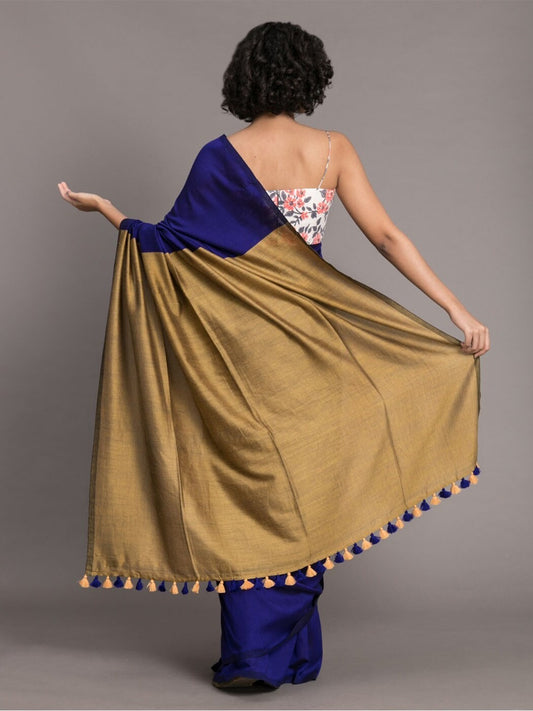 Navy Blue Color Plain Khadi Cotton Saree With Fancy Tassel Work