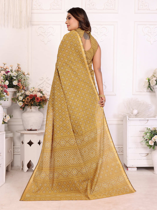 Beige Bandhej Printed Soft Cotton Saree With Zari Border