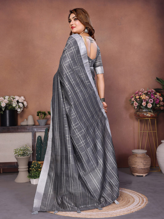 Gray Linen Cotton Saree With Silver Zari Border
