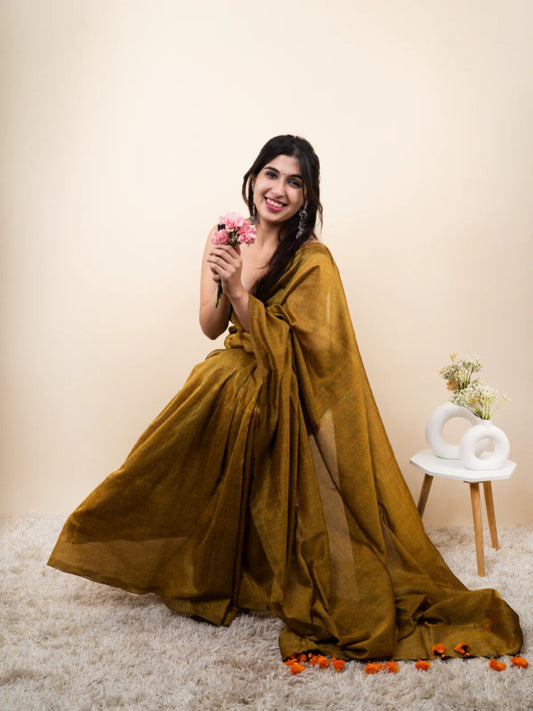 Mustard Yellow Plain Khadi Cotton Saree With Fancy Tassel Work