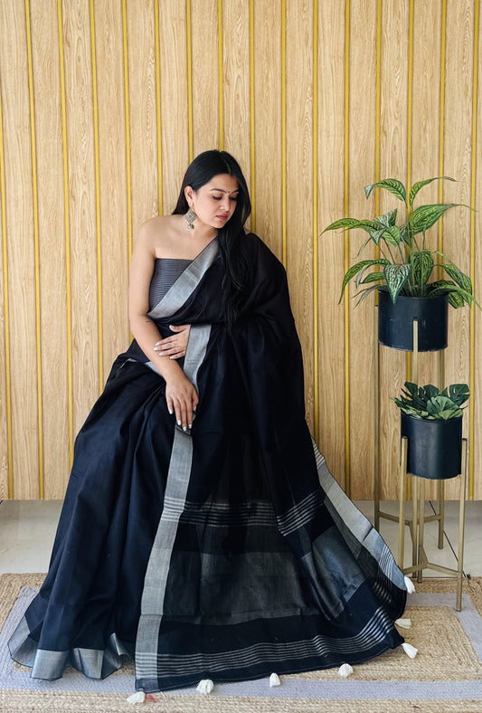 Black Linen Cotton Saree With Silver Zari Border