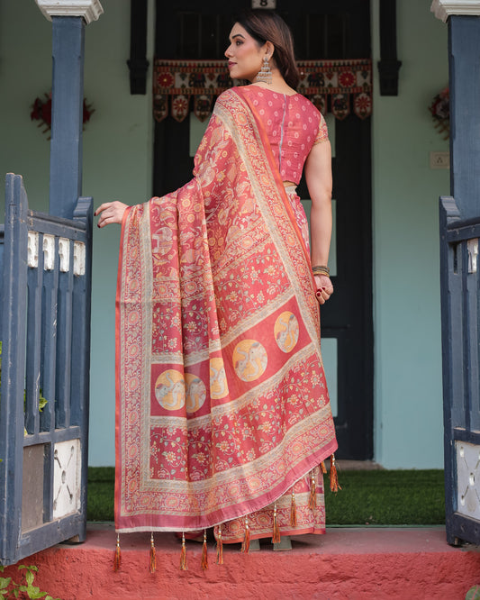 Pink Soft Linen Cotton Saree With Kalamkari Printed Work