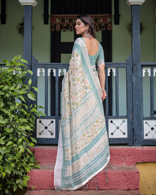 Off White Summer Special Digital Printed Linen Cotton Saree