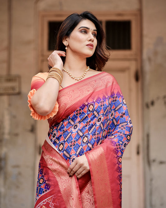 Royal Blue Digital Printed Tussar Silk Saree With Zari Motif Border | Designer Festive Ethnic Wear – JaipurSaaj