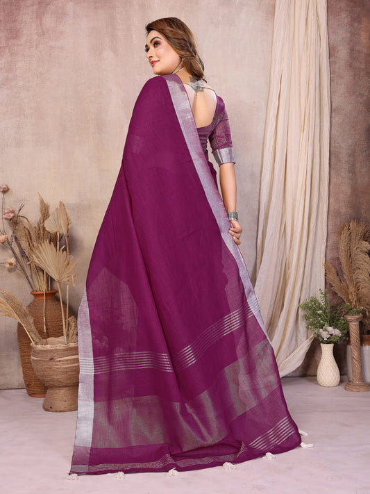 Magenta Linen Cotton Saree With Silver Zari Border