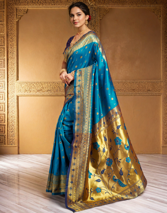 Traditional Firoji Paithani Silk Saree With Zari Weaving Work
