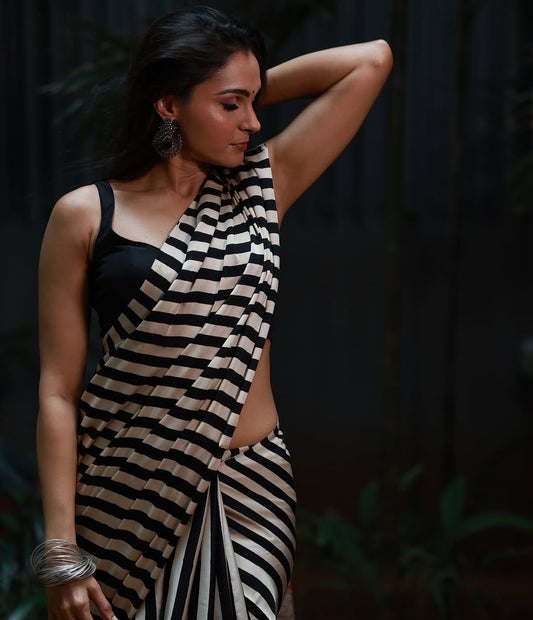Black And White Fancy Digital Printed Crepe Silk Saree With Ajrakh Printed Pallu