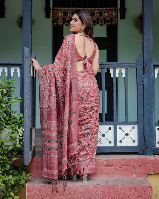 Red Floral Digital Printed Linen Cotton Saree