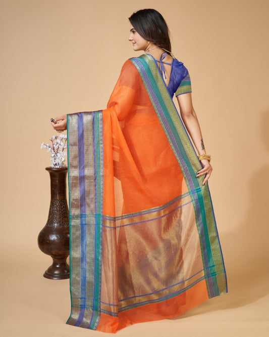 Orange Color Kota Doriya Saree With Zari Weaving Work