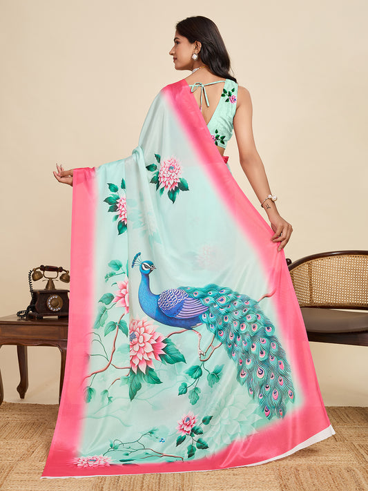Sky Blue Soft Chinnon Silk Saree With Digital Printed Work
