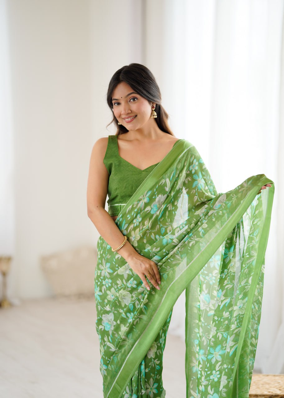 Green Linen Cotton Saree With Flower Digital Printed Work