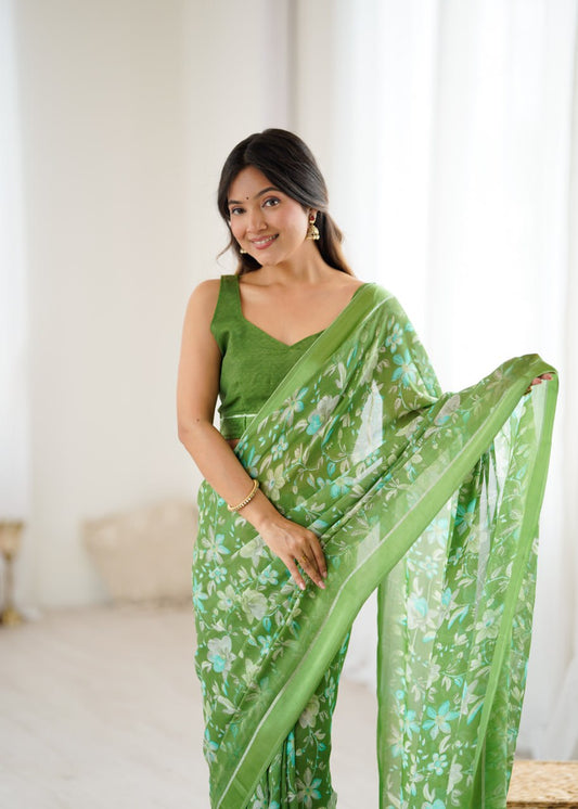 Green Linen Cotton Saree With Flower Digital Printed Work