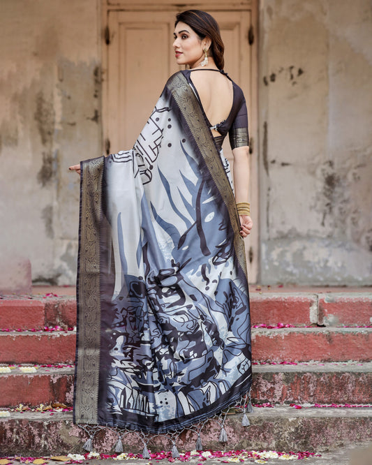Multi Color Digital Printed Tussar Silk Saree With Zari Motif Border | Designer Festive Ethnic Wear – JaipurSaaj