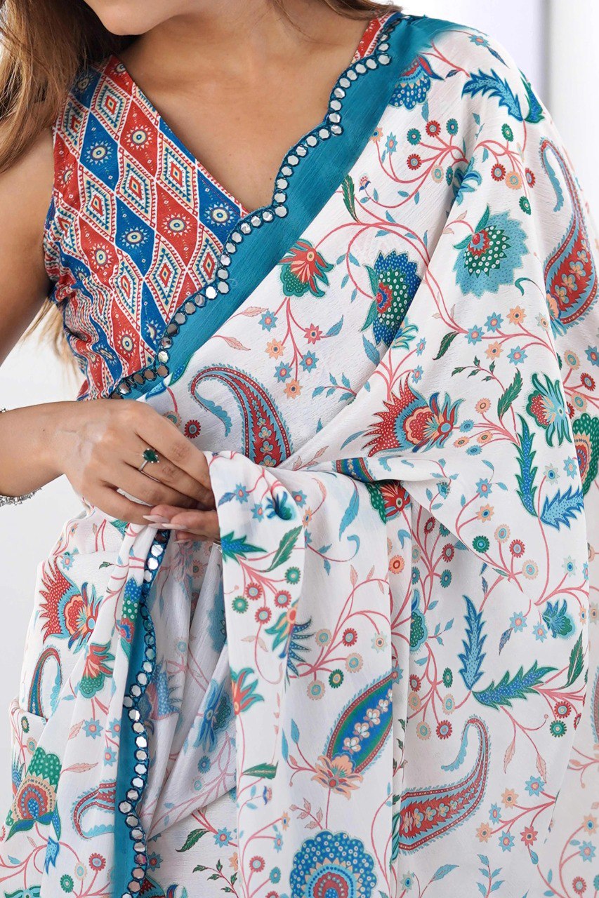 White Georgette Saree With Printed And Mirror Work With Arco Border