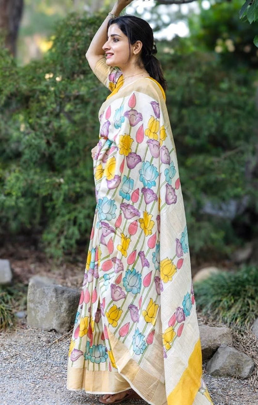 Multi Color Plain Mix Linen Cotton Saree With Digital Printed Work