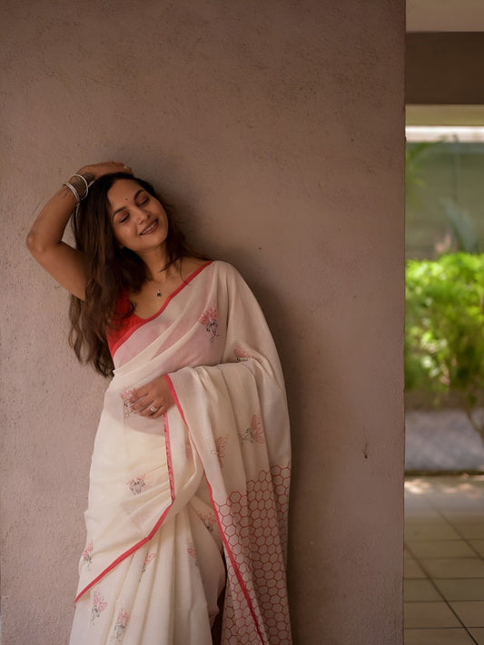 White Linen Cotton Saree With Digital Printed Work And Silver Zari Border