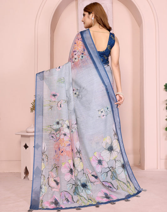 Multi Linen Cotton Saree With Digital Printed Work And Silver Zari Border