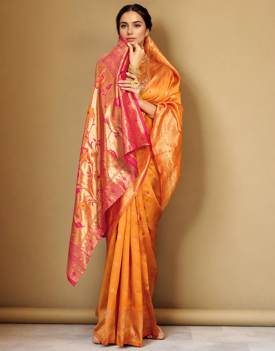 Traditional Orange Paithani Silk Saree With Zari Weaving Work