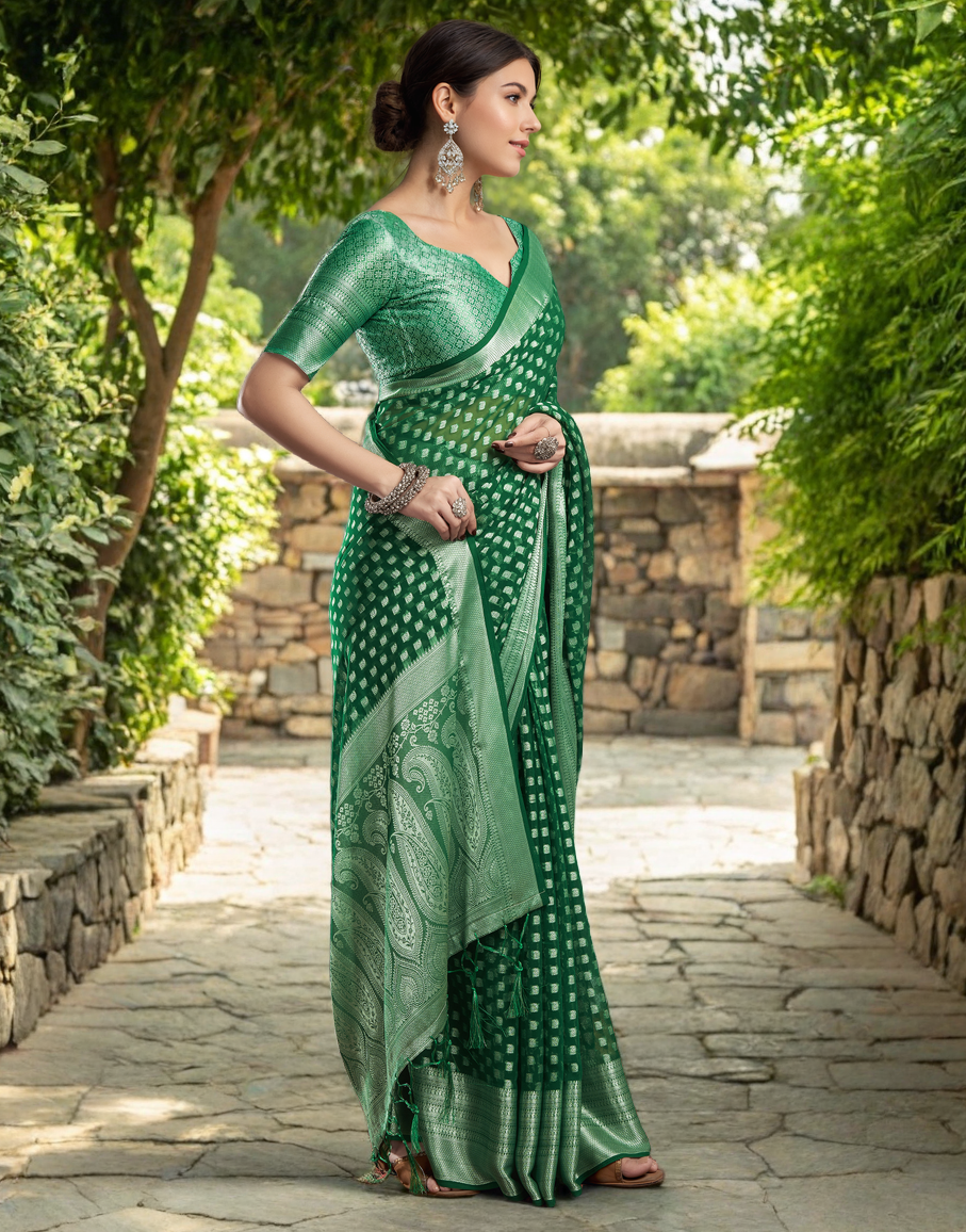 Green Fancy Georgette Saree With Jacquard Weaving Work