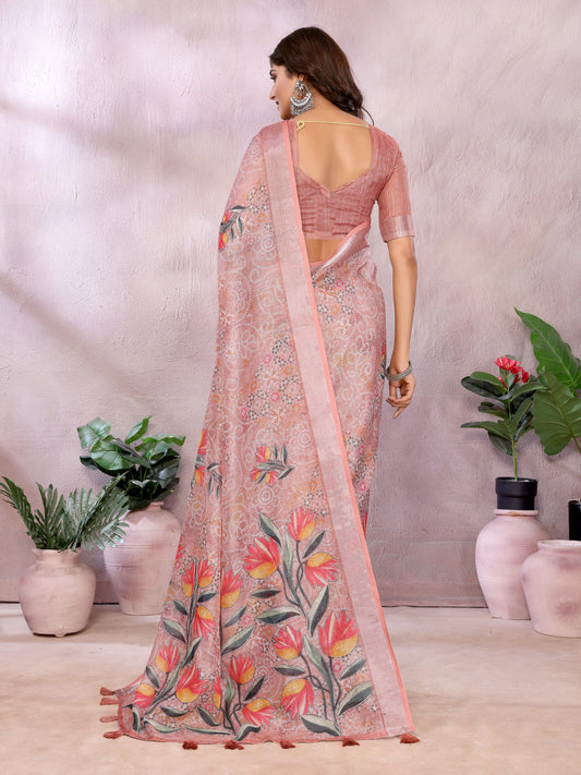 Peach Linen Cotton Saree With Digital Printed Work And Silver Zari Border