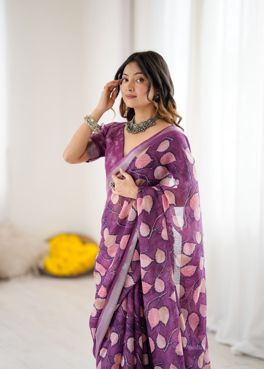 Magenta Color Linen Cotton Saree With Flower Digital Printed Work