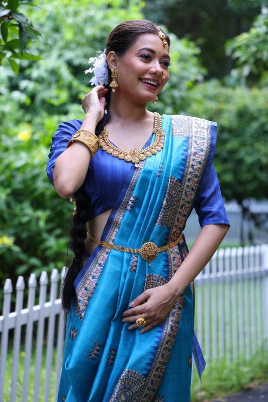 Firoji Madhubani Printed Soft Tussar Silk Saree