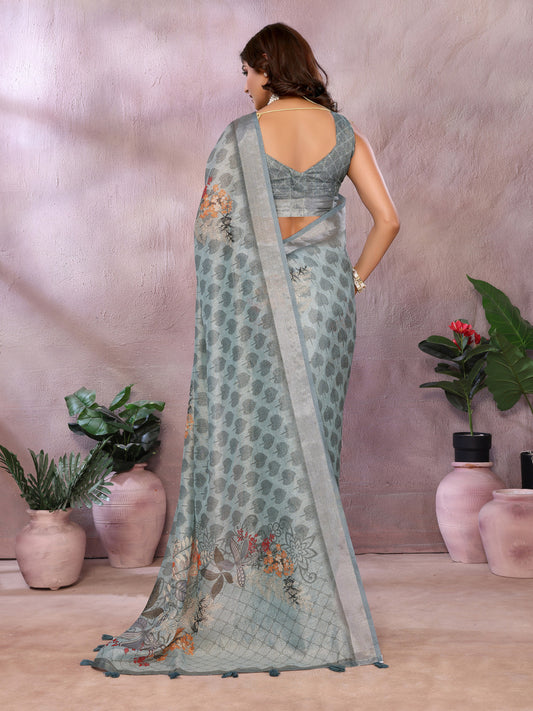 Gray Linen Cotton Saree With Digital Printed Work And Silver Zari Border