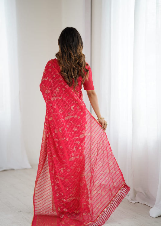 Pink Color Georgette Saree With Digital Printed Work And Lace Border