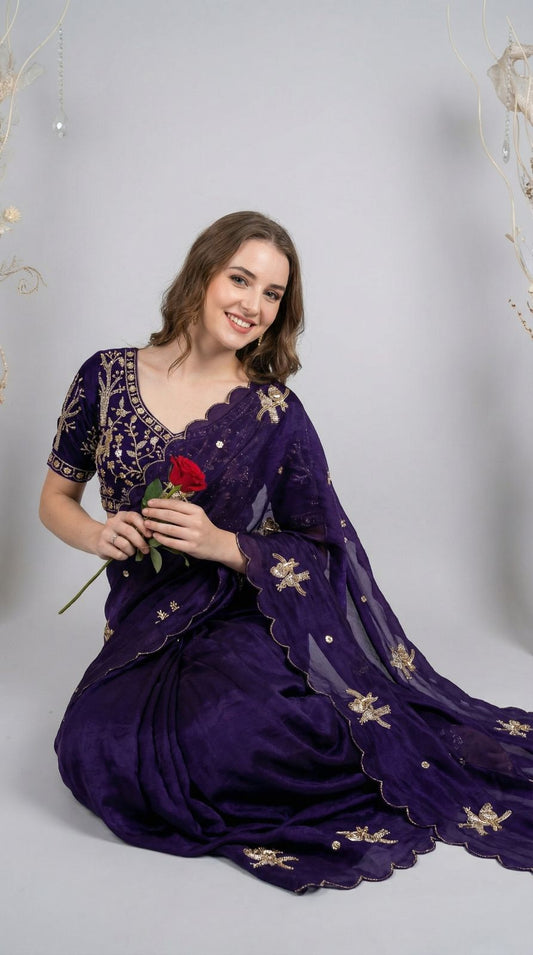 Purple Fandy Satin Silk Saree With Heavy Shine Hand Work And Cutwork Border