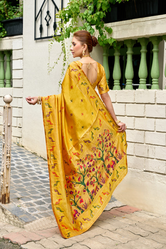Traditional Yellow Paithani Silk Saree With Zari Weaving Work