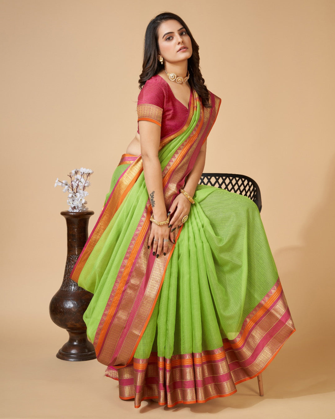 Parrot Green Color Kota Doriya Saree With Zari Weaving Work