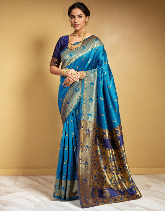 Traditional Firoji Paithani Silk Saree With Zari Weaving Work