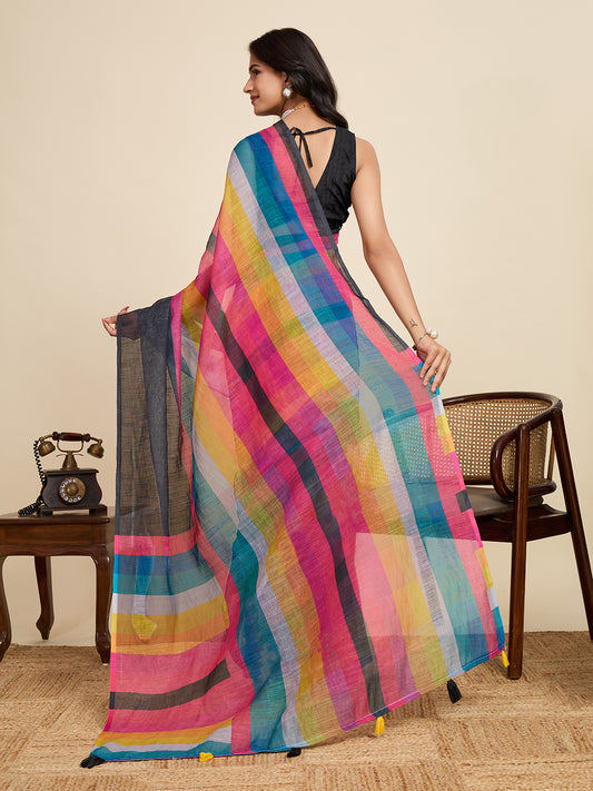 Multi Linen Cotton Saree With Digital Printed Work And Silver Zari Border