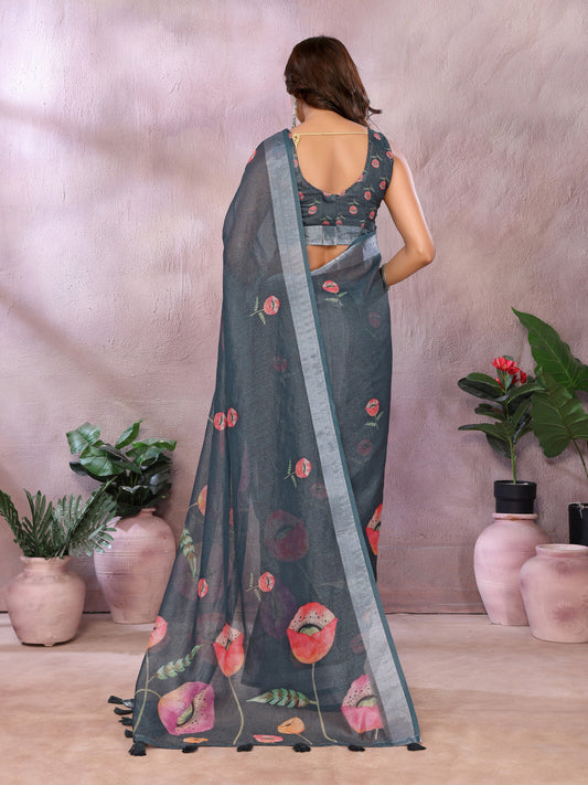 Gray Linen Cotton Saree With Digital Printed Work And Silver Zari Border