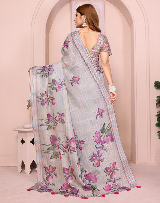 Multi Linen Cotton Saree With Digital Printed Work And Silver Zari Border