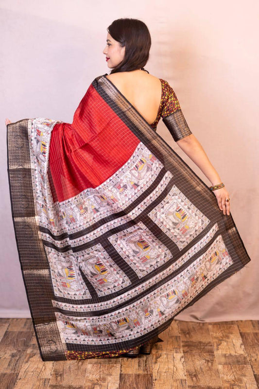 Red Dola Silk Saree With Beautiful Madhubani Printed Pallu Work